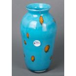 Vase. Murano 20. Jh. Farbloses Glas, hellblau überfangen, mit Murrinen, H=31 cm.