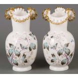 Paar Vasen. Böhmen um 1900. Farbloses Glas, farbig überfangen und in Emaillefarben bemalt, je H=31