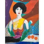 Rudi Bernstein (geb. 1939). Porträt einer jungen Frau mit Orangen und Wassermelone. Öl/Lw., verso