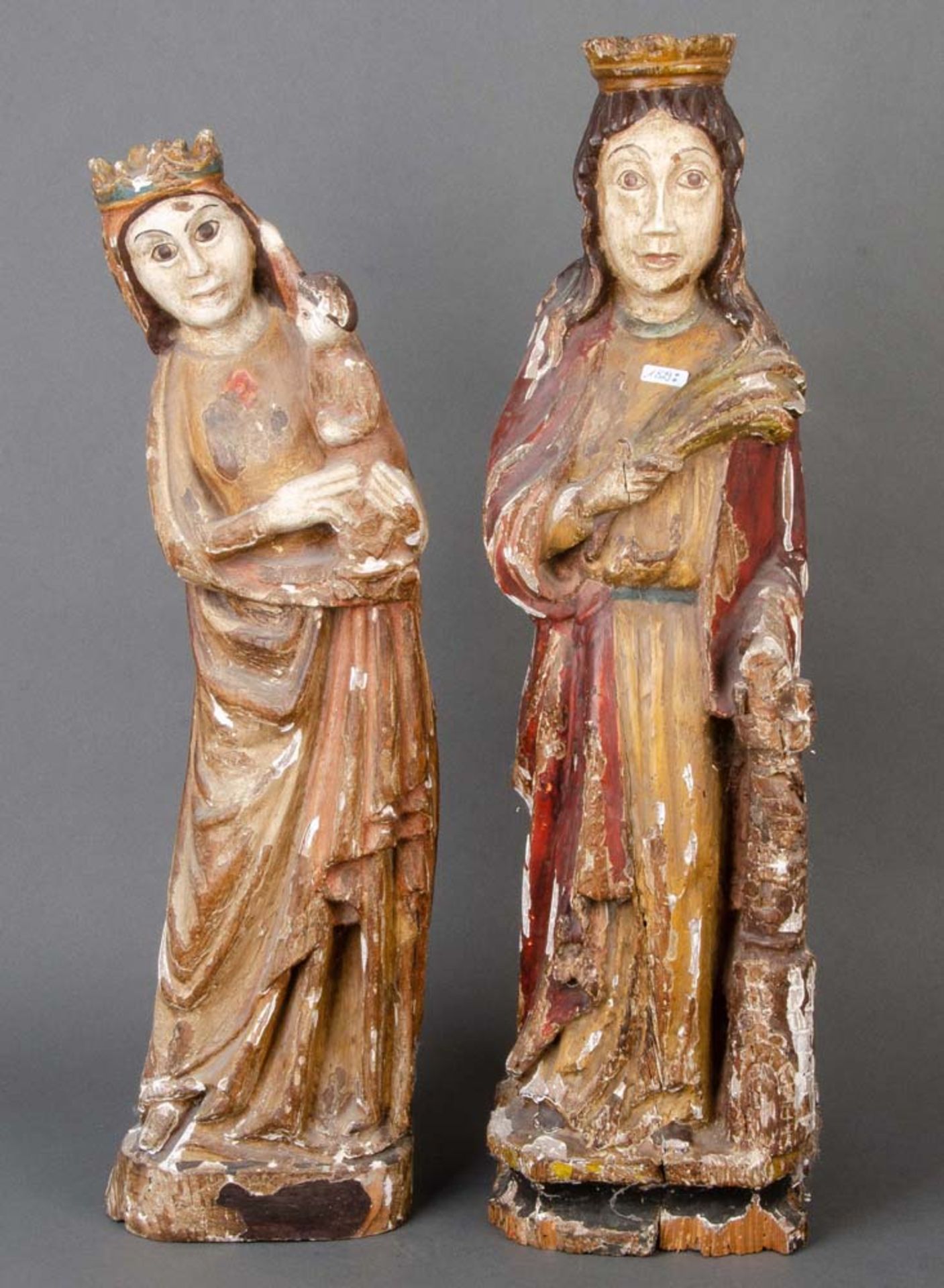 Zwei Heiligenfiguren. Wohl Spanien 19. Jh. Massivholz, geschnitzt und auf Kreidegrund farbig
