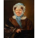 Maler des 19. Jhs. Porträt einer Dame mit Kopf- und Schultertuch. Öl/Lw., 72 x 61,5 cm. **