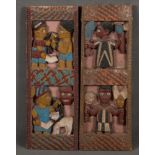 Zwei Altarbilder. Wohl Nigeria. Yorubaholz, figürlich geschnitzt und bunt bemalt, je H=93 cm, B=32,5