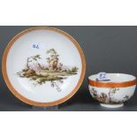 Tasse mit Unterschale. Meissen-Marcolini 1774-1814. Beide Teile bunt bemalt mit Landschaften und