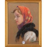 Maler des 20. Jhs. Porträt eines Mädchen mit Kopftuch. Farbkreide, re./u./sign., hi./Gl./gerahmt, 48