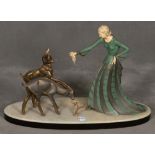 Französischer Bildhauer des 20. Jhs. Frau mit zwei Rehkitzen. Metall, bemalt / Kunstmasse, auf