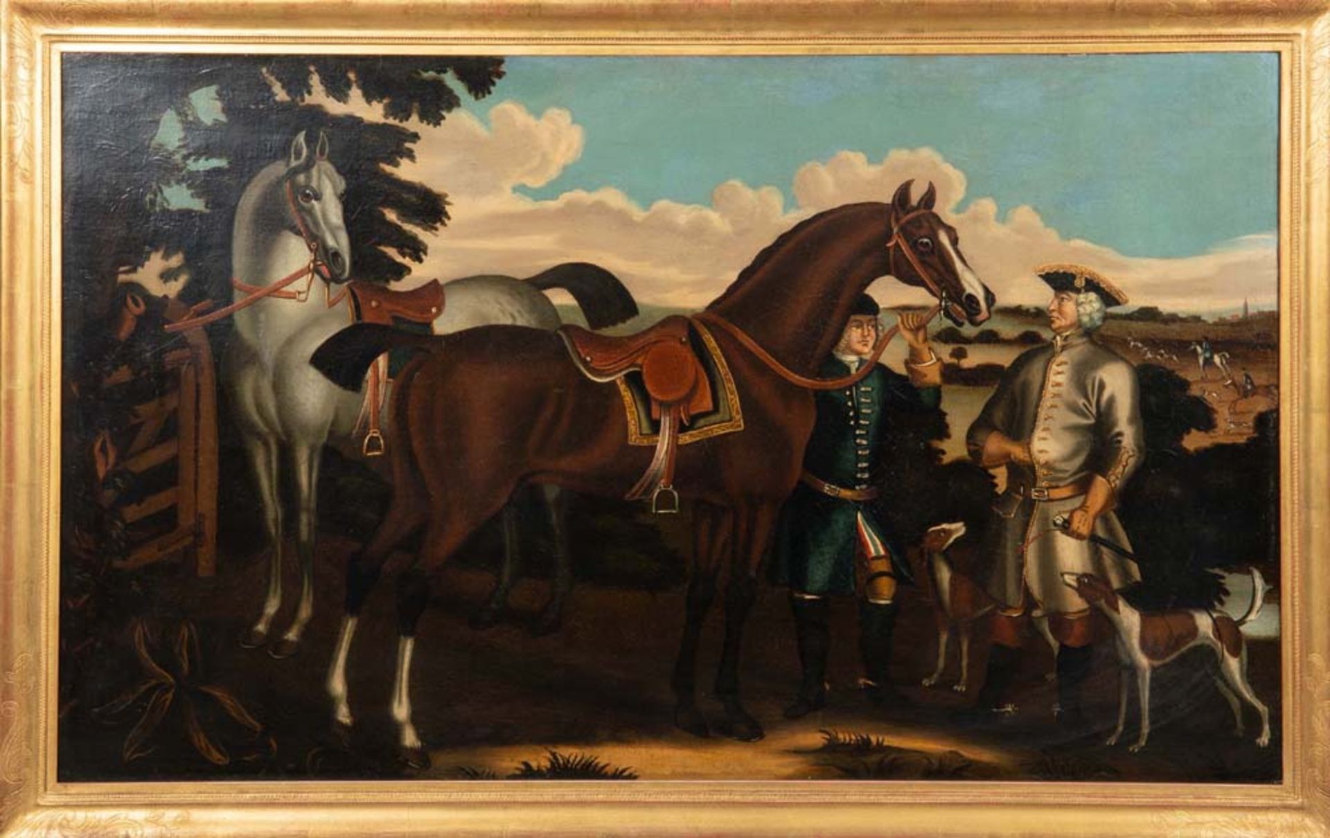James Seymour (1702-1752) attrib. Pferde mit Reiter einer Jagdgesellschaft. Öl/Lw., verso bez.,