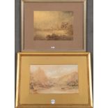 Maler des 19. Jhs. Gebirgssee mit Burgruine und Dorfansicht, Aquarell; dazu Lithographie mit einer