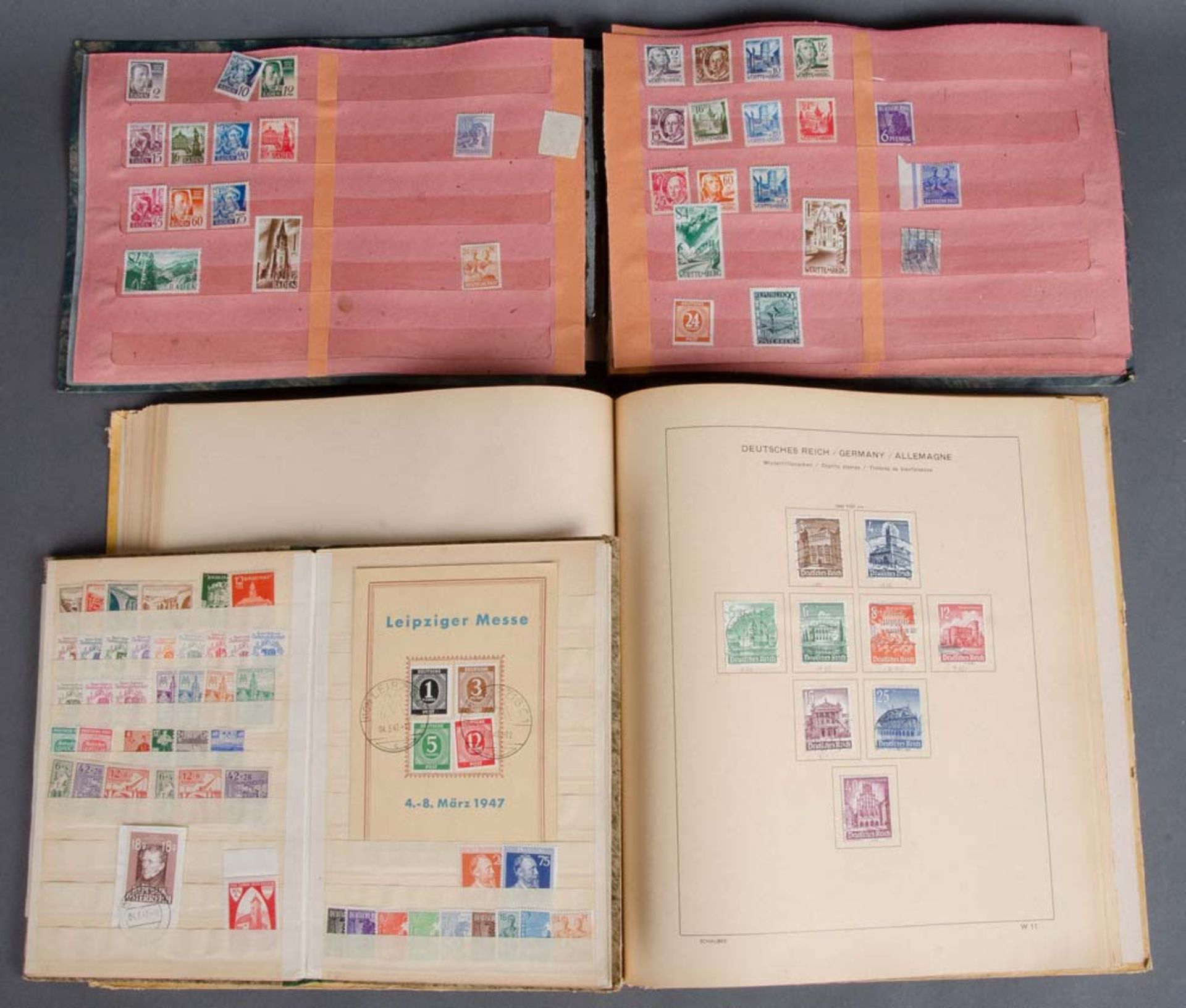 Konvolut Briefmarken, u.a. Deutsche RM, Provinz Sachsen, Saar, Zone Française, Leipziger Messe 1947,