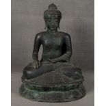 Buddha, auf Sockel sitzend. Asien. Metall, H=57 cm, B=42 cm, T=38 cm. **