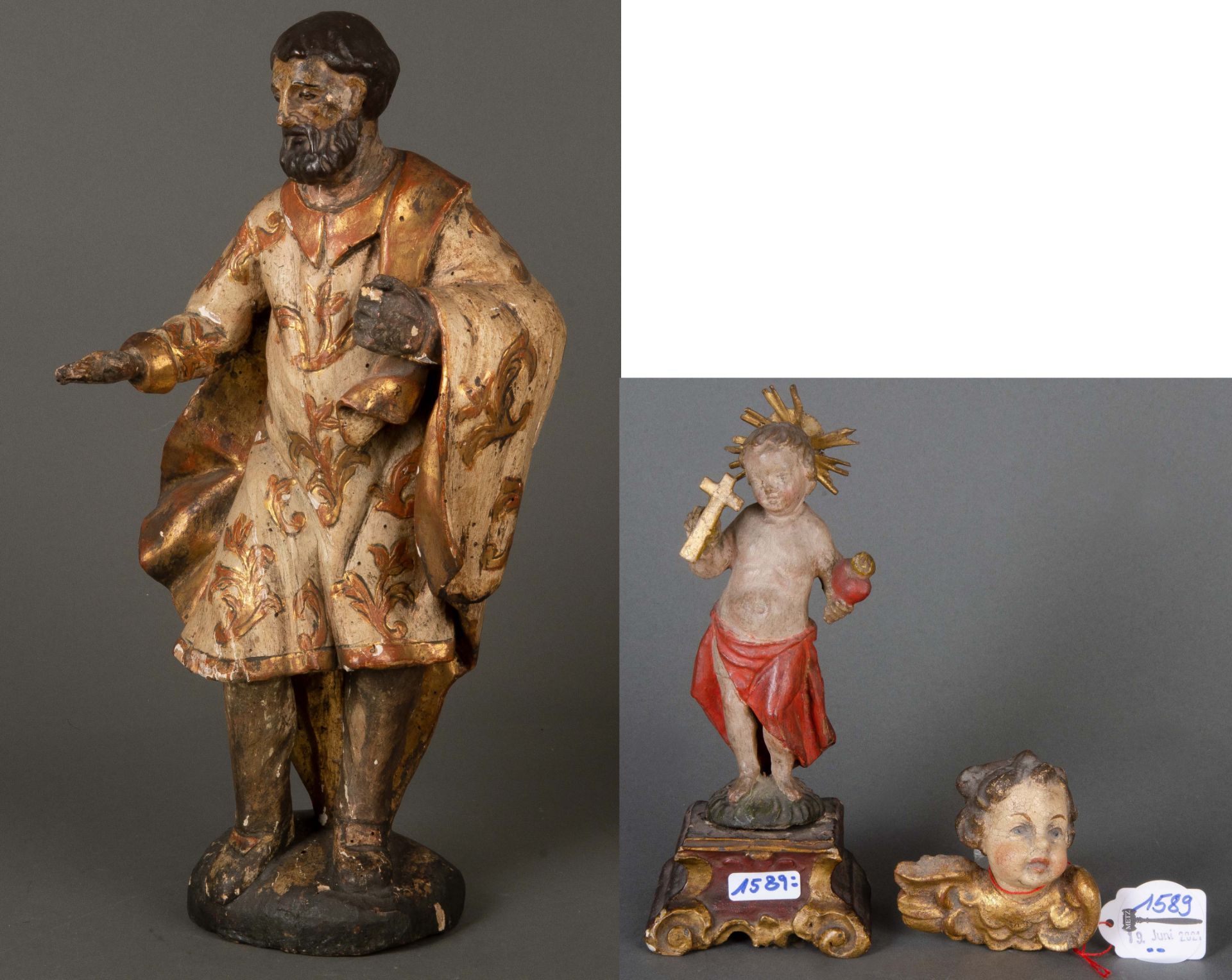 Heiligenfigur, Christusknabe und Amorette. Süddeutsch 19./20. Jh. Massivholz, geschnitzt,