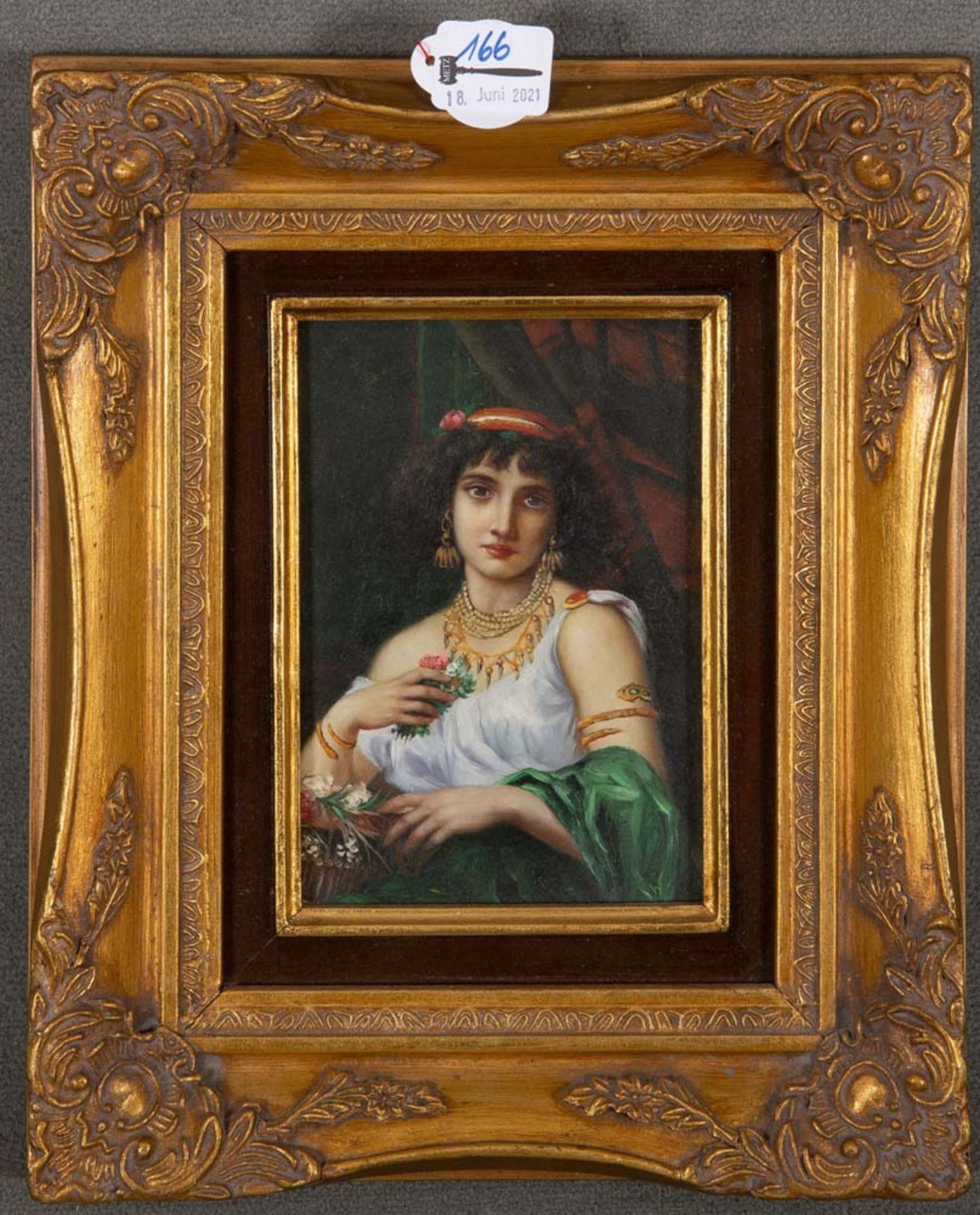 Maler des 20. Jhs. Porträt einer Blumenhändlerin. Öl/Holz, gerahmt, 17 x 12,5 cm.