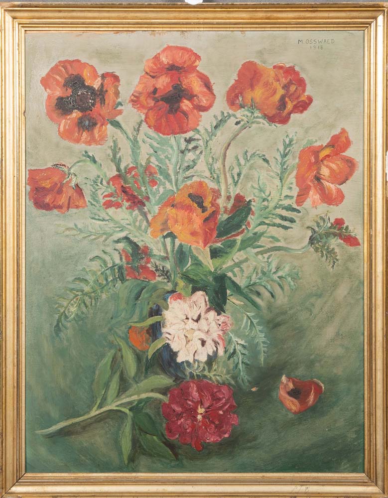 Margherita Osswald-Toppi (1897-1971). Blumenstillleben mit Mohn. Öl/Malplatte, re./o./sign./dat.