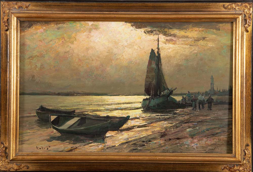 Maler des 20. Jhs. Fischerboot am Strand, li./u. unleserlich sign., gerahmt, 50,5 x 80,5 cm.**