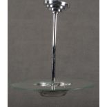 Deckenlampe. Frankreich 20. Jh. Chromgestell, mit Glasschirm, H=65 cm, D=63 cm.