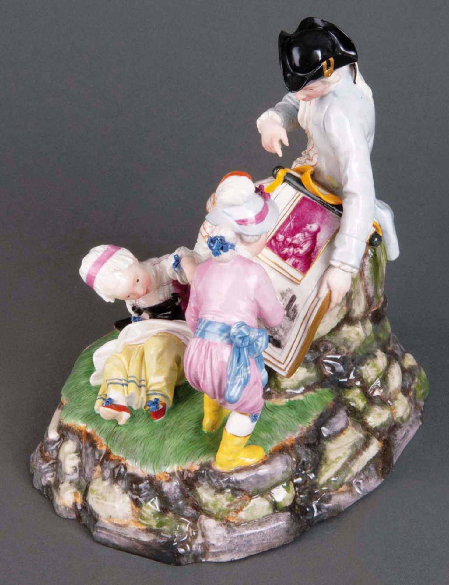 Kupferstichhändler Höchst 1770 Staunendes Kinderpaar und sitzender Verkäufer beim Durchblättern