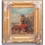 Maler des 20. Jhs. Meeresbucht mit auf Fels sitzendem Soldat. Öl/Lw., gerahmt, 24,5 x 22 cm.