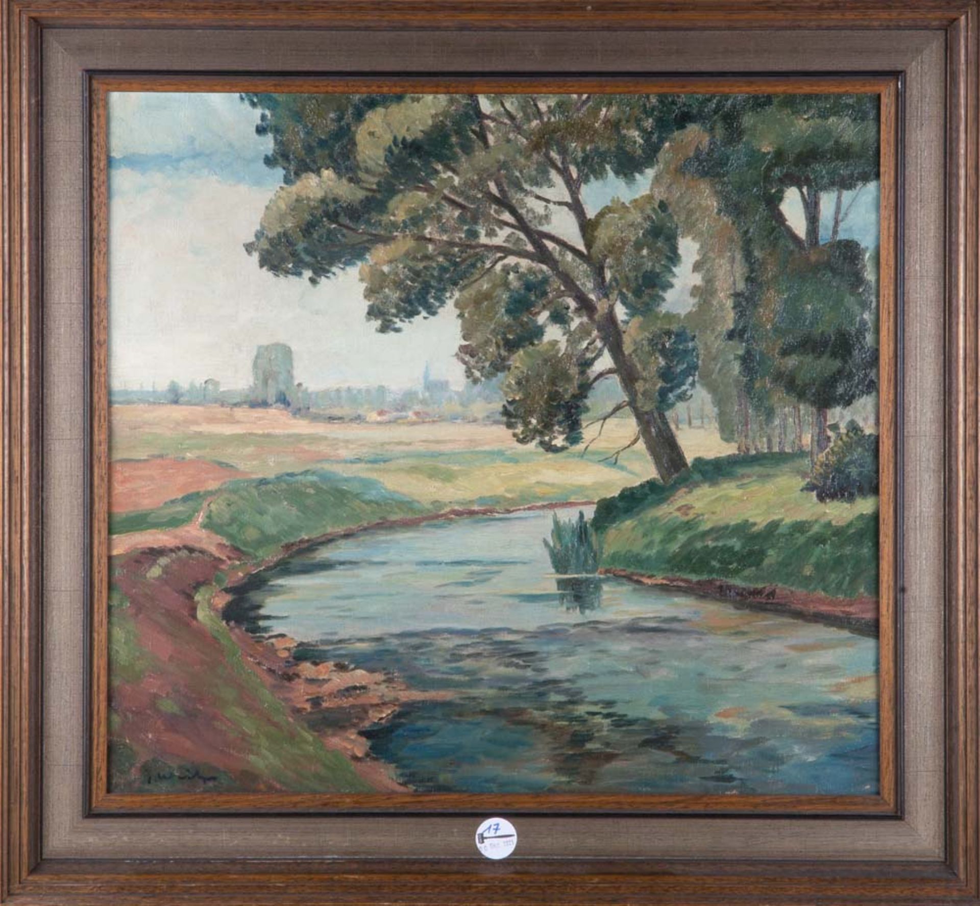 Jakob Weitz (1888-1971). Bachlandschaft mit Stadtansicht im Hintergrund. Öl/Lw., li./u./sign.,