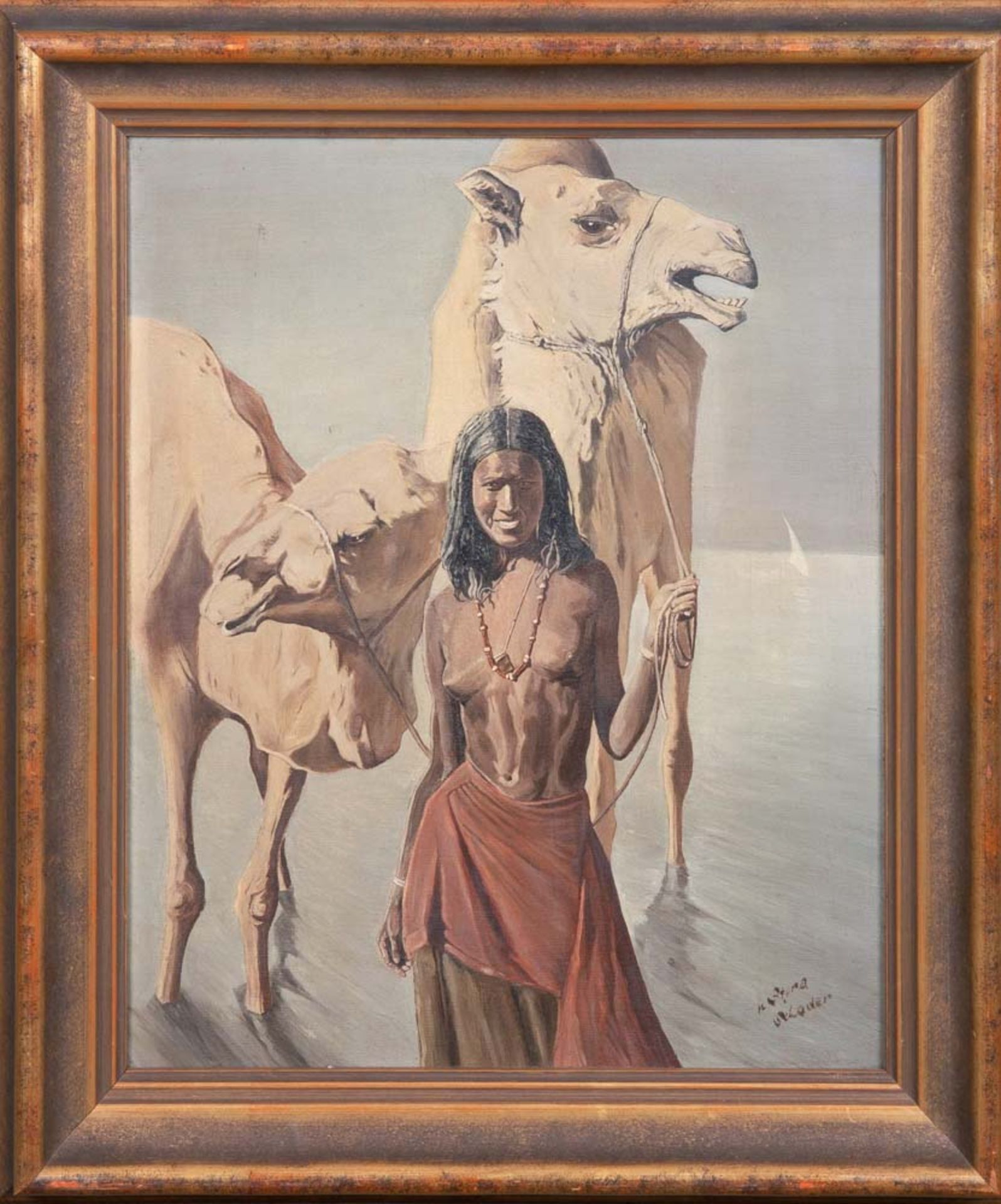 Maler des 20. Jhs. Porträt einer Nordafrikanerin mit Kamelen. Öl/Lw., re./u./bez., gerahmt, 56 x