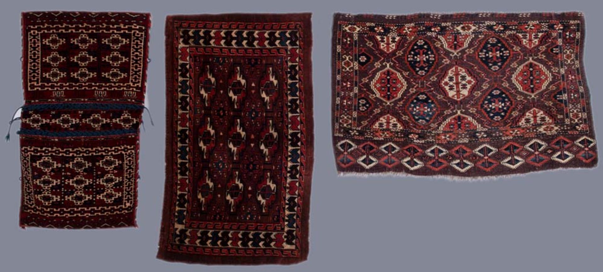 Tekke-Buchara-Satteltasche, -Brücke und -Wandbehang, 55 x 93 / 115 x 71 / 108 x 65 cm.