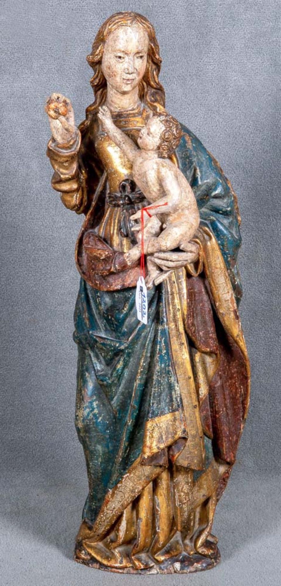 Madonna mit Kind. Rheinisch 15. Jh. Massivholz, geschnitzt und auf Kreidegrund bunt gefasst, H=49