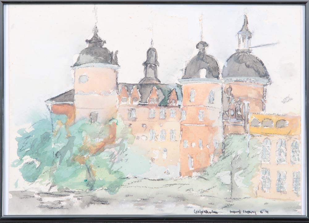 Hilbach (Maler des 20. Jhs.). Ansicht von Schloss „Gripsholm“. Aquarell/Papier, re./u./bez./sign./