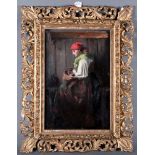 Maler des 19. Jhs. Porträt eines Bauernmädchens mit Krug und Flechtkorb. Öl/Holz, gerahmt, 54 x 36