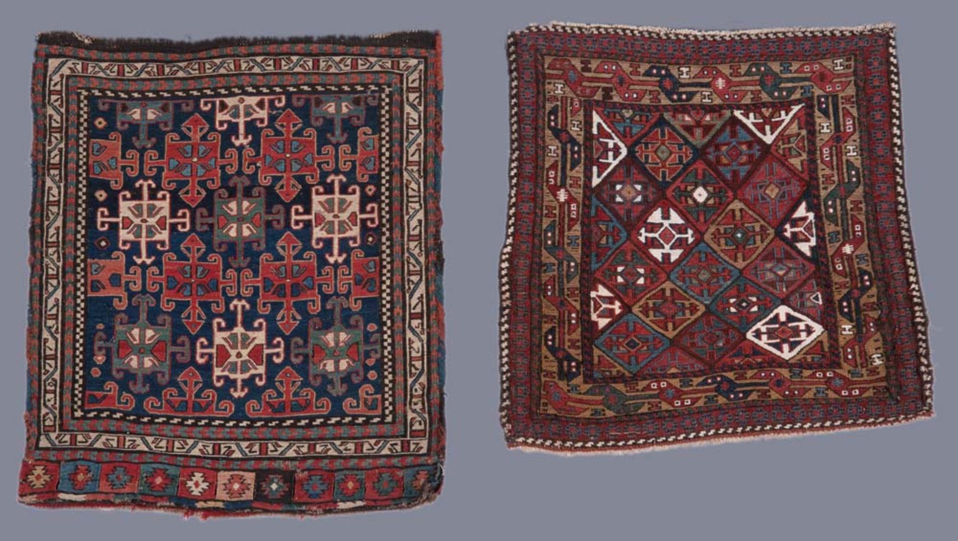 Schiraz-Tasche, 61 x 53 cm; und Jomud-Wandbehang, 52 x 52 cm. Mit Zertifikat von Bausback - Das
