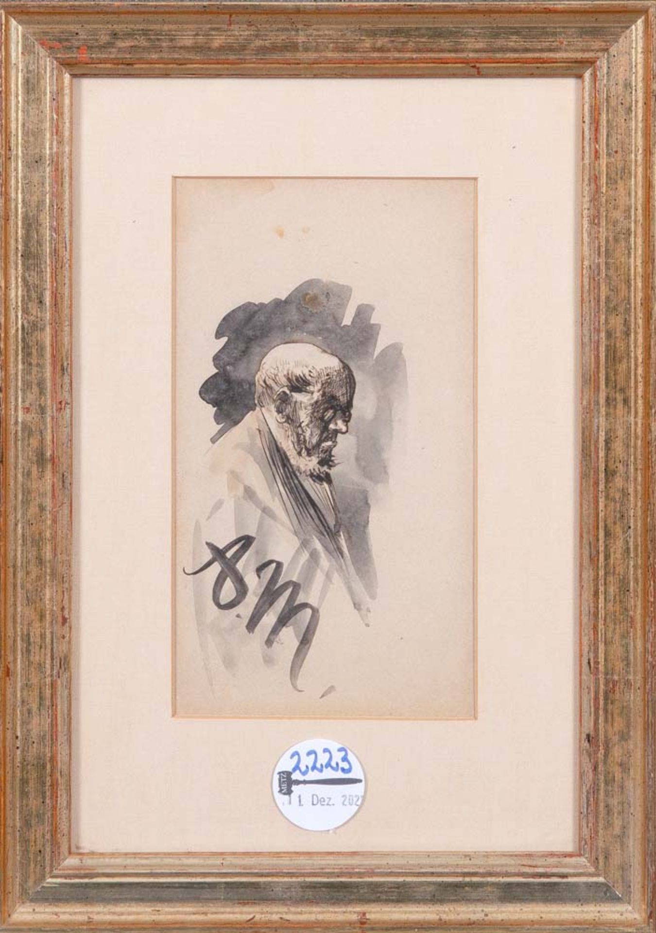 Adolph von Menzel (1815-1905) attrib. Herrenporträt, verso Studie mit Landschaft, Figuren und