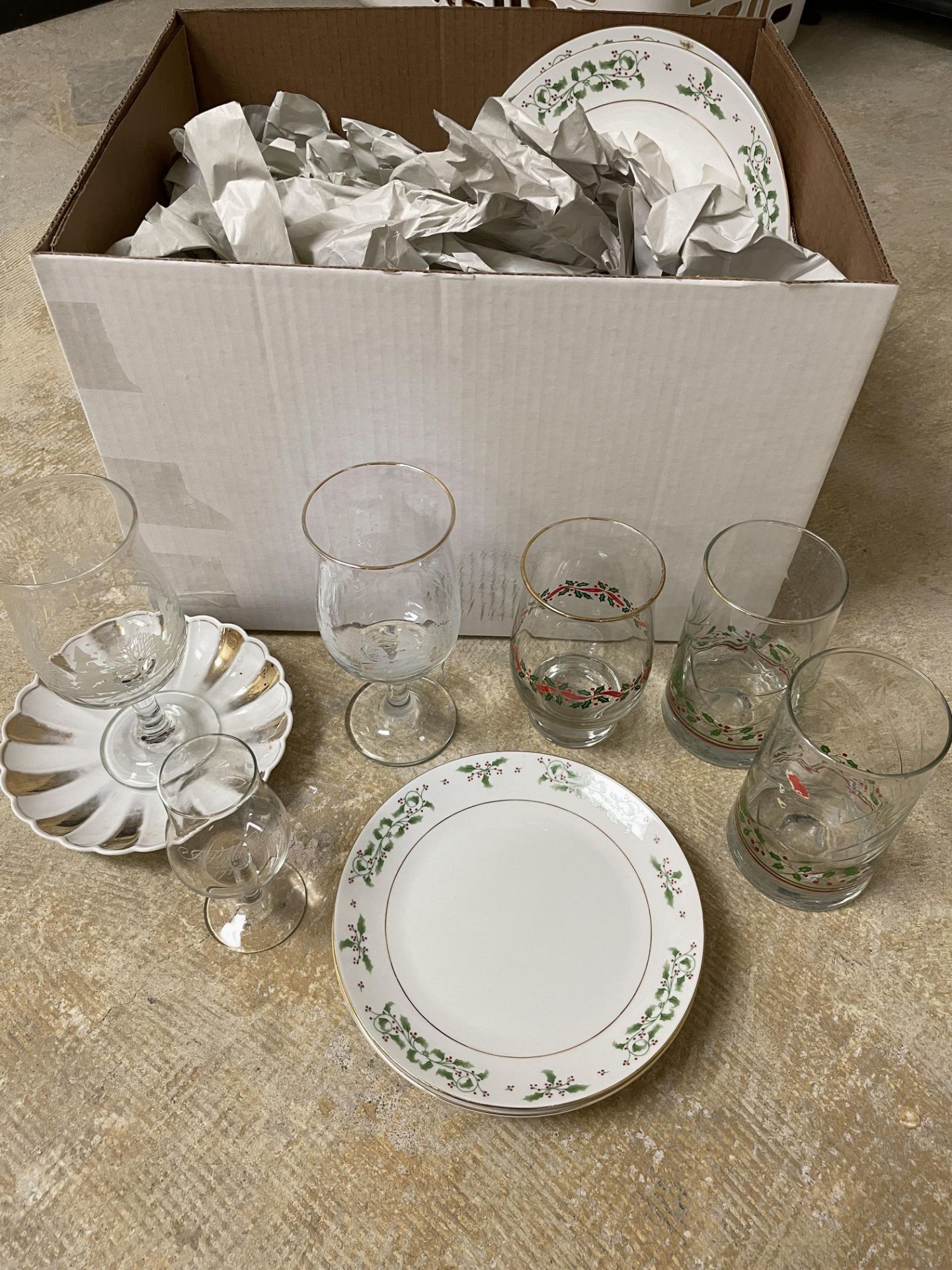 Box of Vintage Wine Glasses, Plates and Glasses 25+ Pieces Unsorted