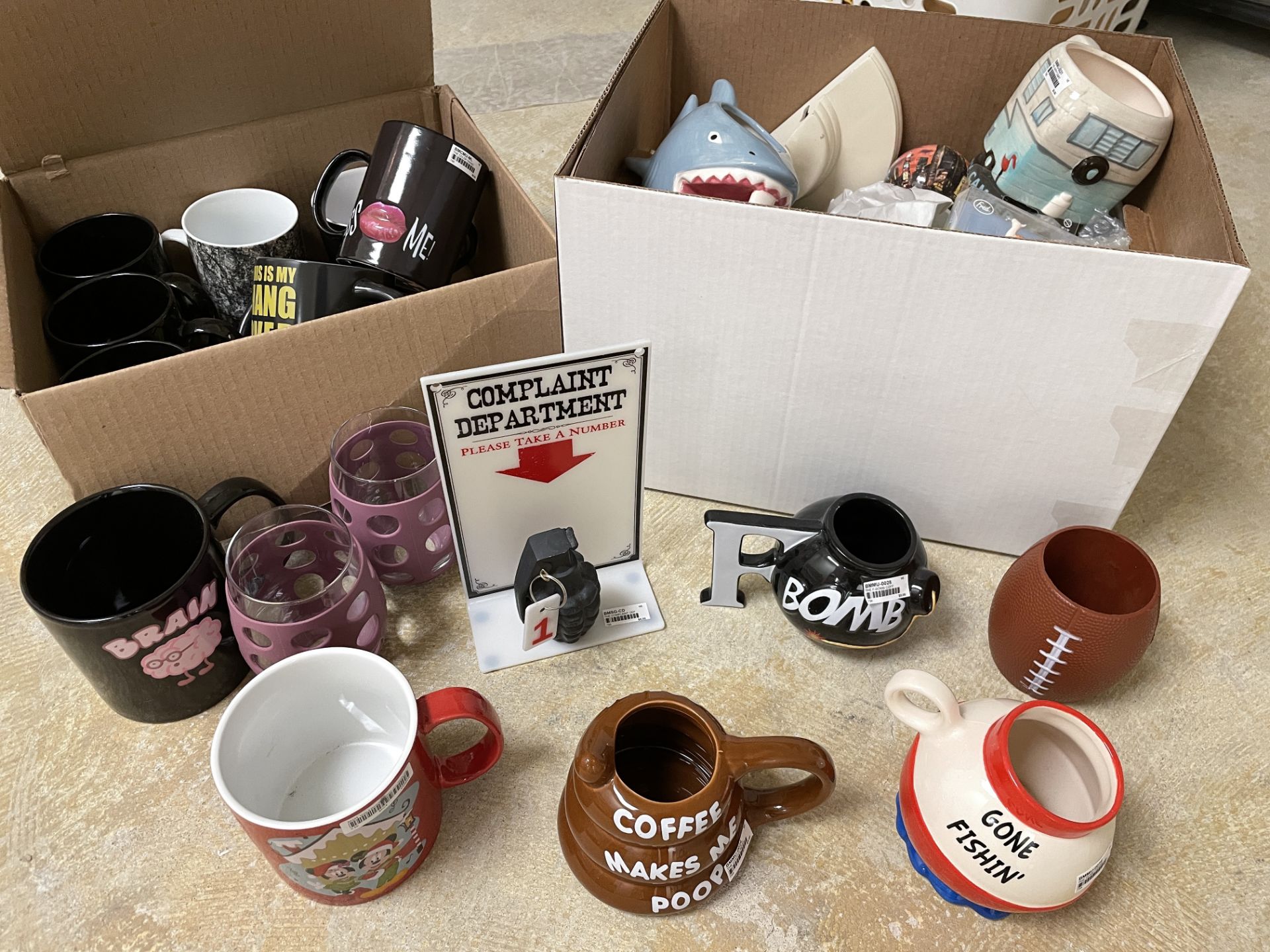 2 Boxes of 30+ New Novelty Mugs, Toys Ornaments and Display items