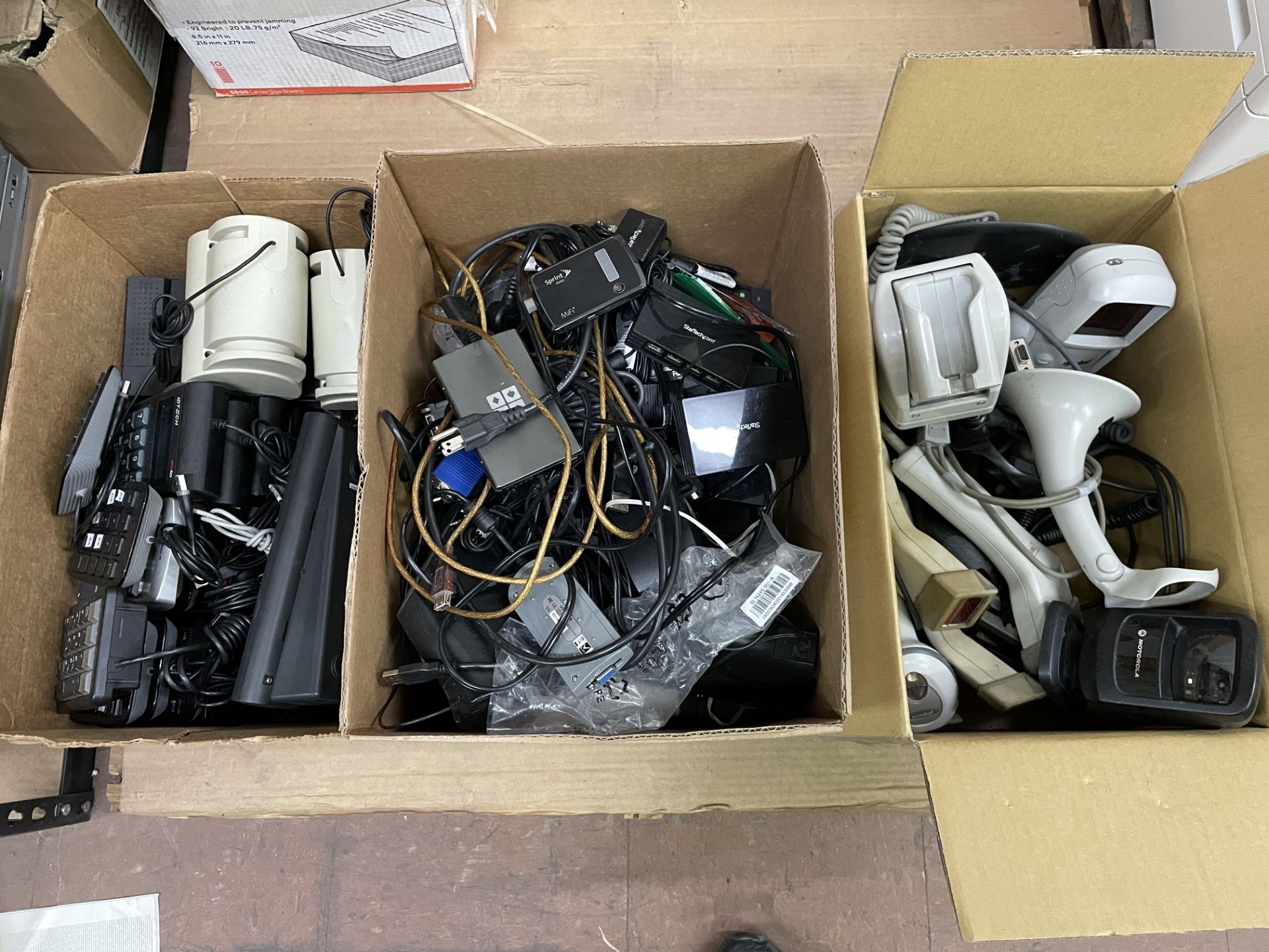 Mixed unsorted electronics, including POS scanners, networking items, cables etc.