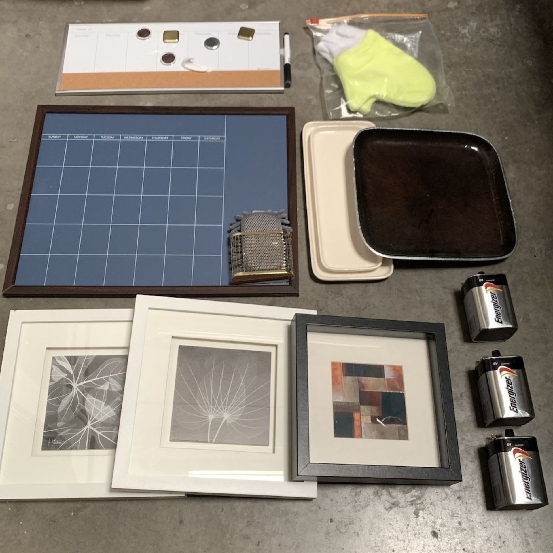 Lot of Home Decor Items, Artwork, White Board, Batteries, Etc