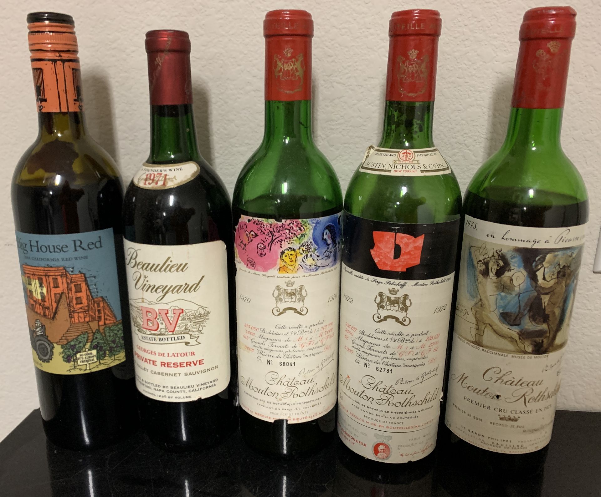 5 HIGHLY COLLECTIBLE FAMOUS VINTAGE FRENCH WINE BOTTLES ( NOT FOR CONSUMPTION )