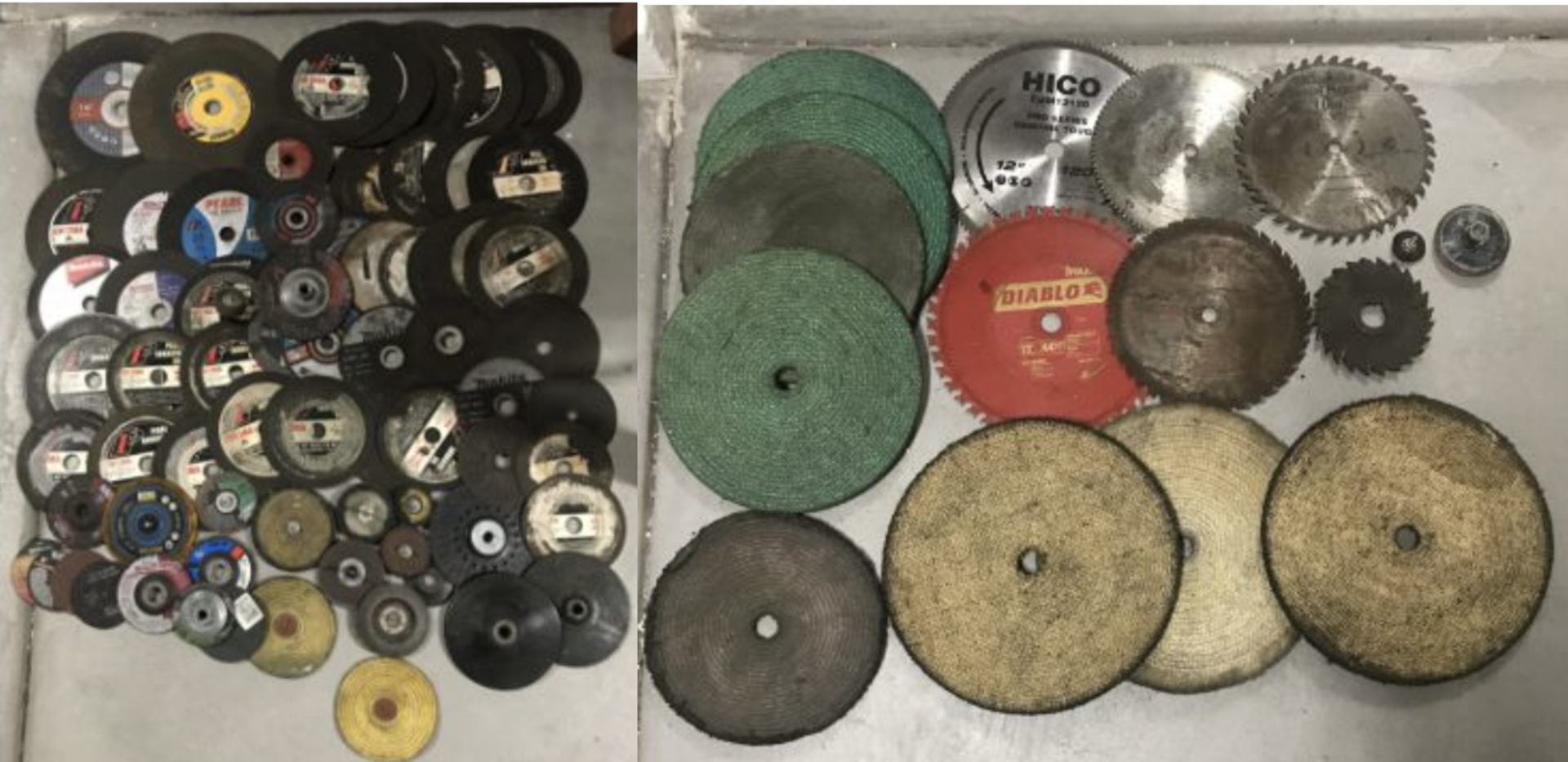 ASSORTED LOT OF LARGE ABRASIVE INDUSTRIAL METAL CUTTING BLADES + BUFFING PADS
