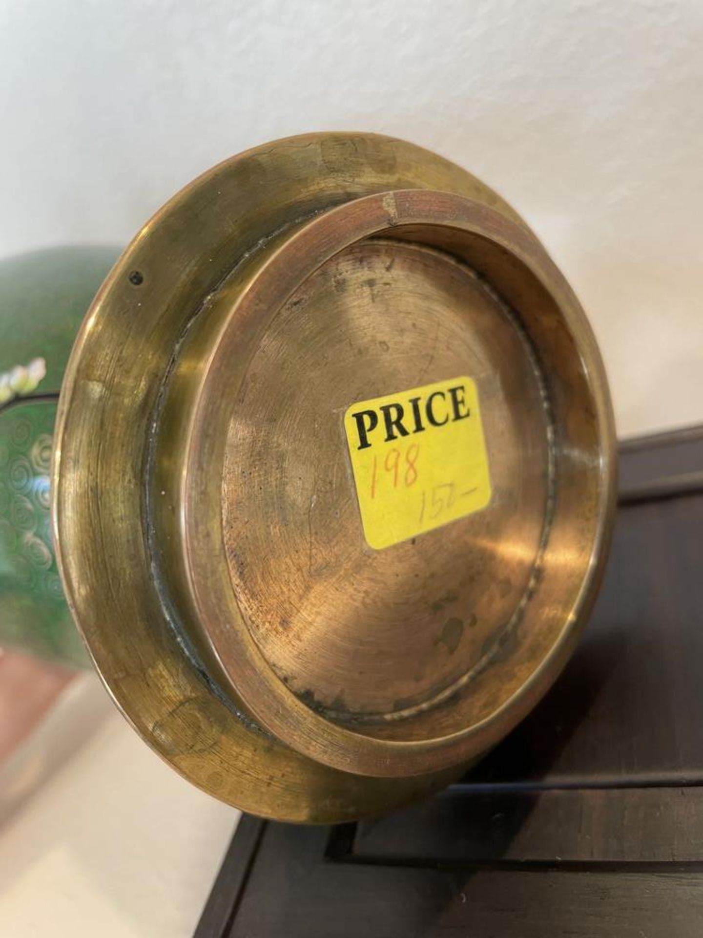 Brass and Enamel Handmade Green Vase with Flowers, On East Asian wood stand - 12.5" x 5.5" - Image 7 of 8