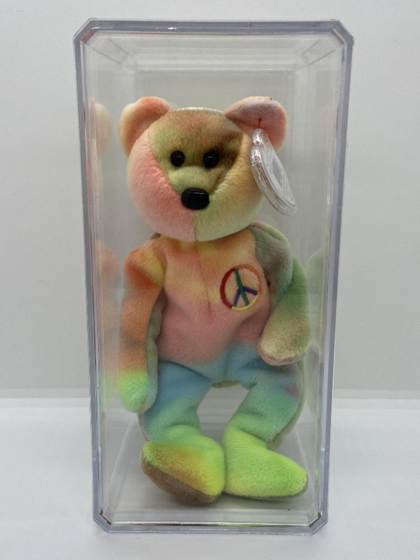 Ty Beanie Babies Peace Bear, 1996, PE Pellets, In Case w/ Tags