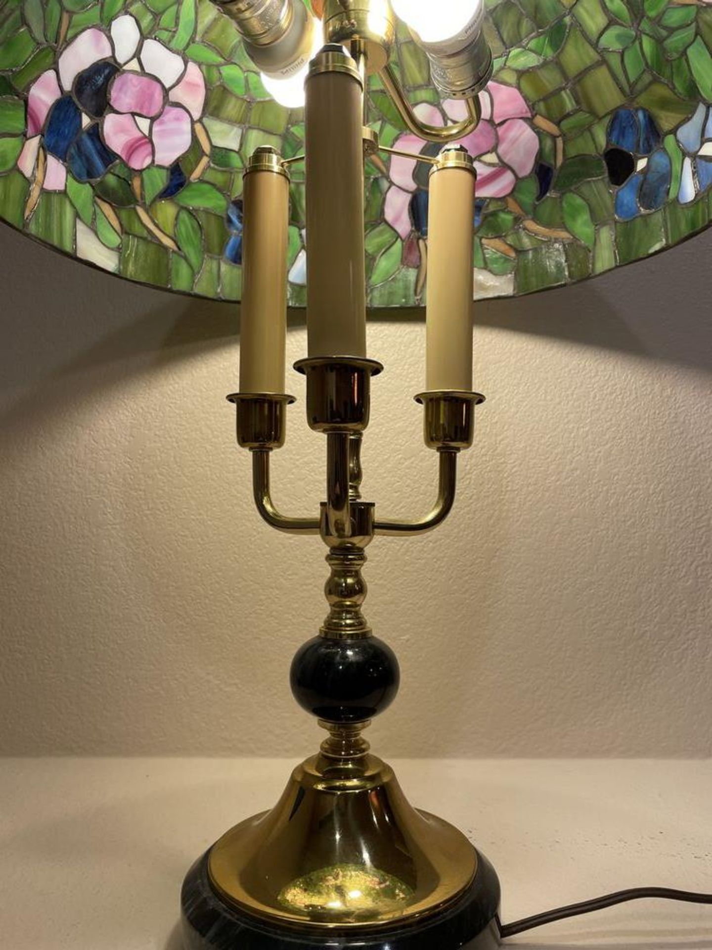 Tall Antique Gold and Marble lamp with Tiffany Style Lamp Shade - 24 x 18" - Image 3 of 7