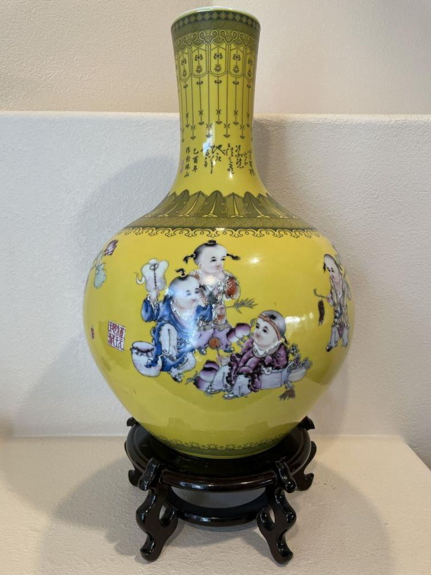 Large Antique East Asian Yellow Urn Vase Porcelin with wood stand - 27" tall x 15" wide - Image 2 of 7