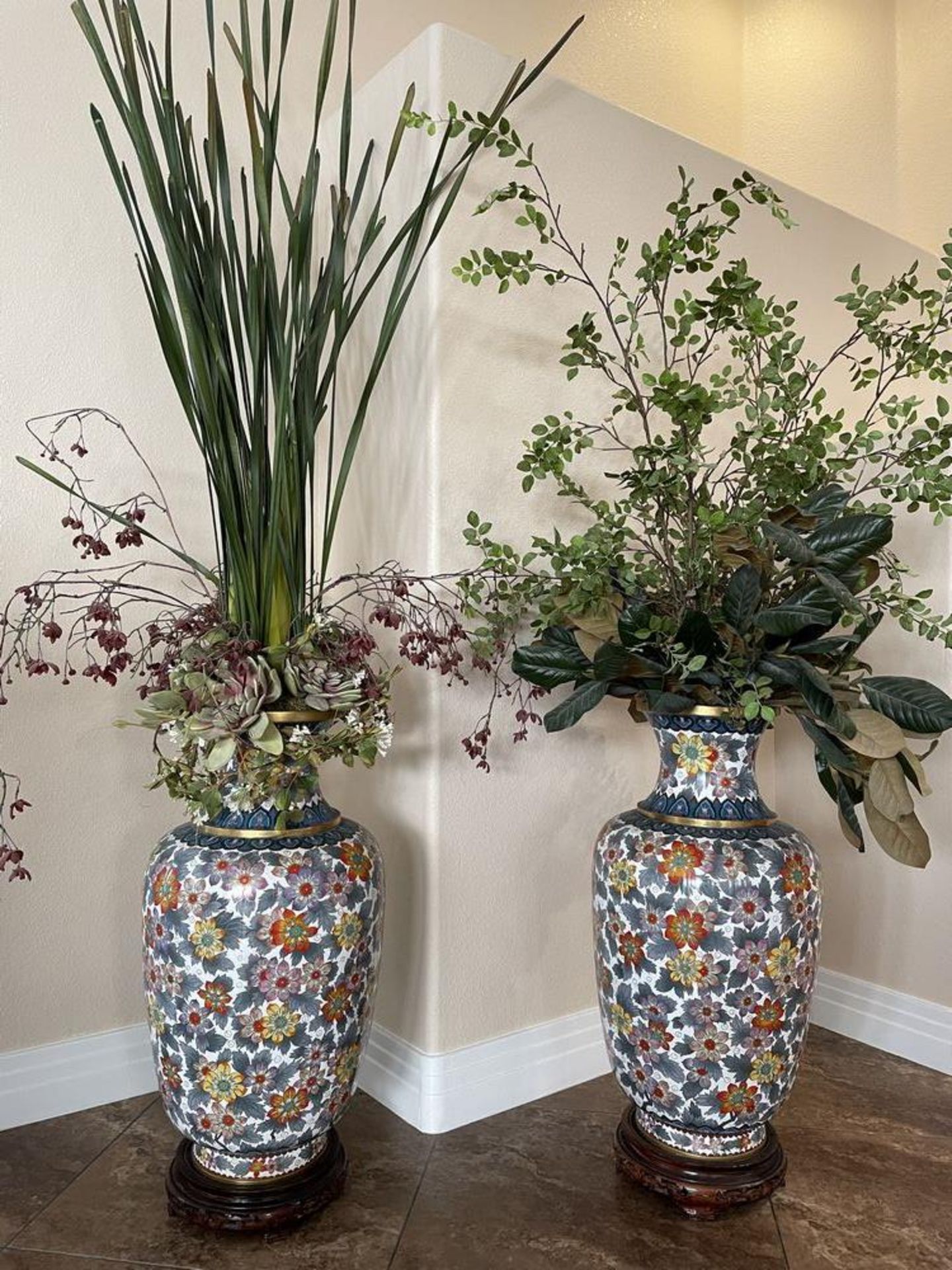2 Large Antique East Asian Urn Vases w/ gold metal trim & enamal, removable artificial plants, Base