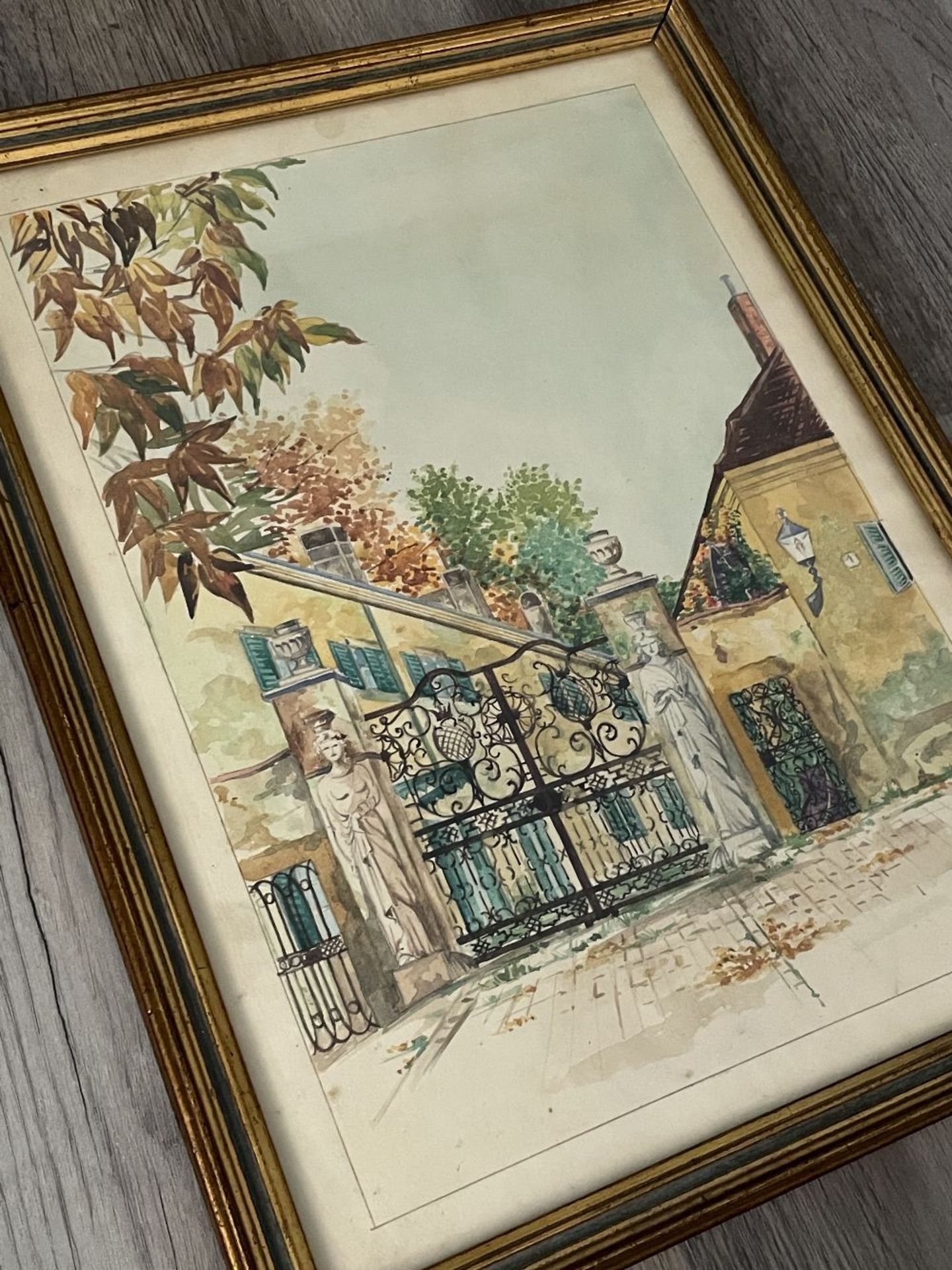 Framed watercolor art (Print or original?), brought over from WW2 Europe, 20x12" - Image 2 of 5