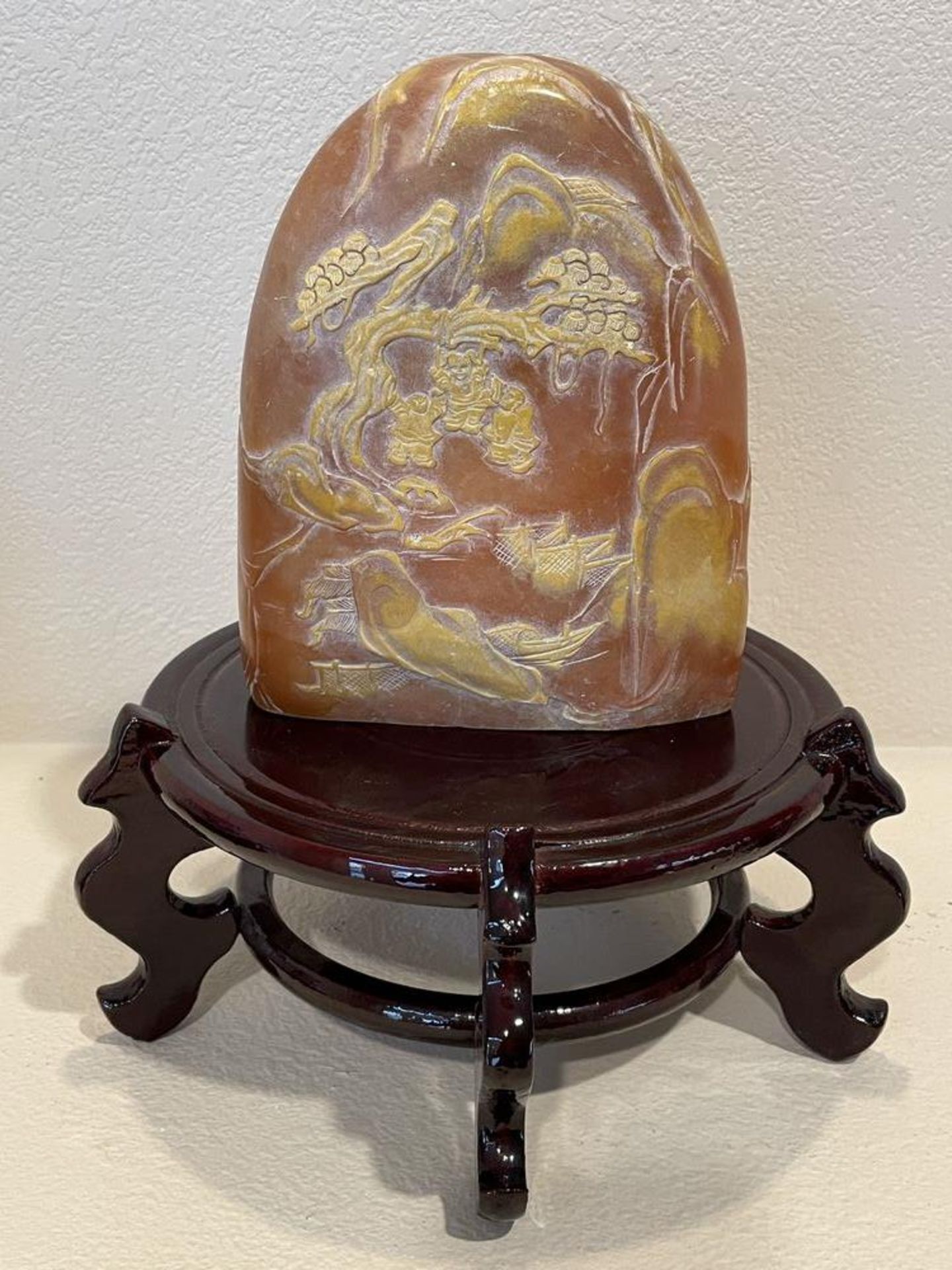 Orange/Amber Color East Asian Stone Sculpture on wood stand, Heavy/Cold Stone - Image 3 of 7