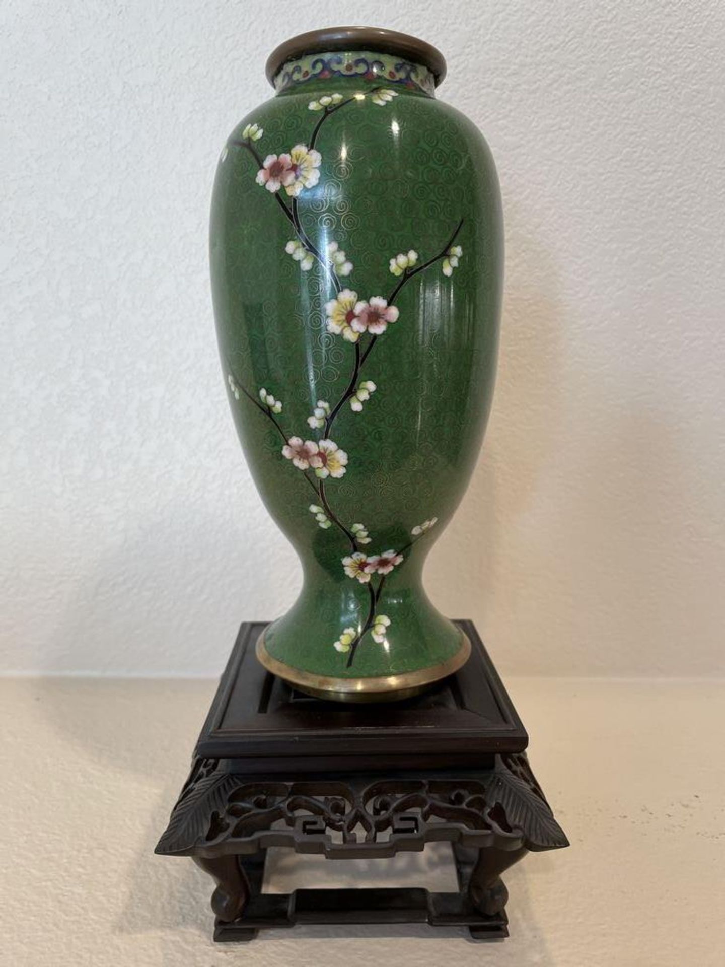 Brass and Enamel Handmade Green Vase with Flowers, On East Asian wood stand - 12.5" x 5.5"