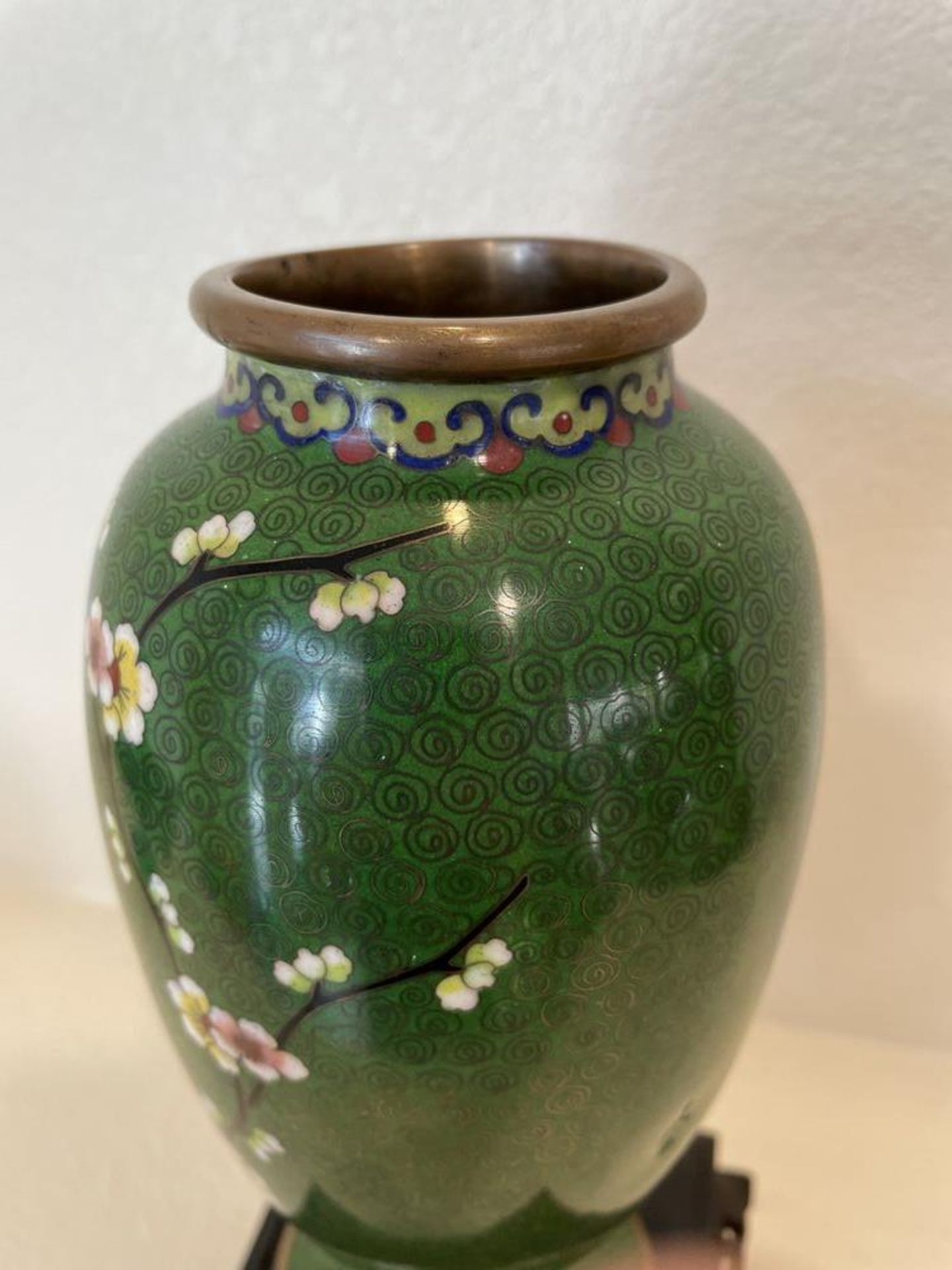 Brass and Enamel Handmade Green Vase with Flowers, On East Asian wood stand - 12.5" x 5.5" - Image 6 of 8