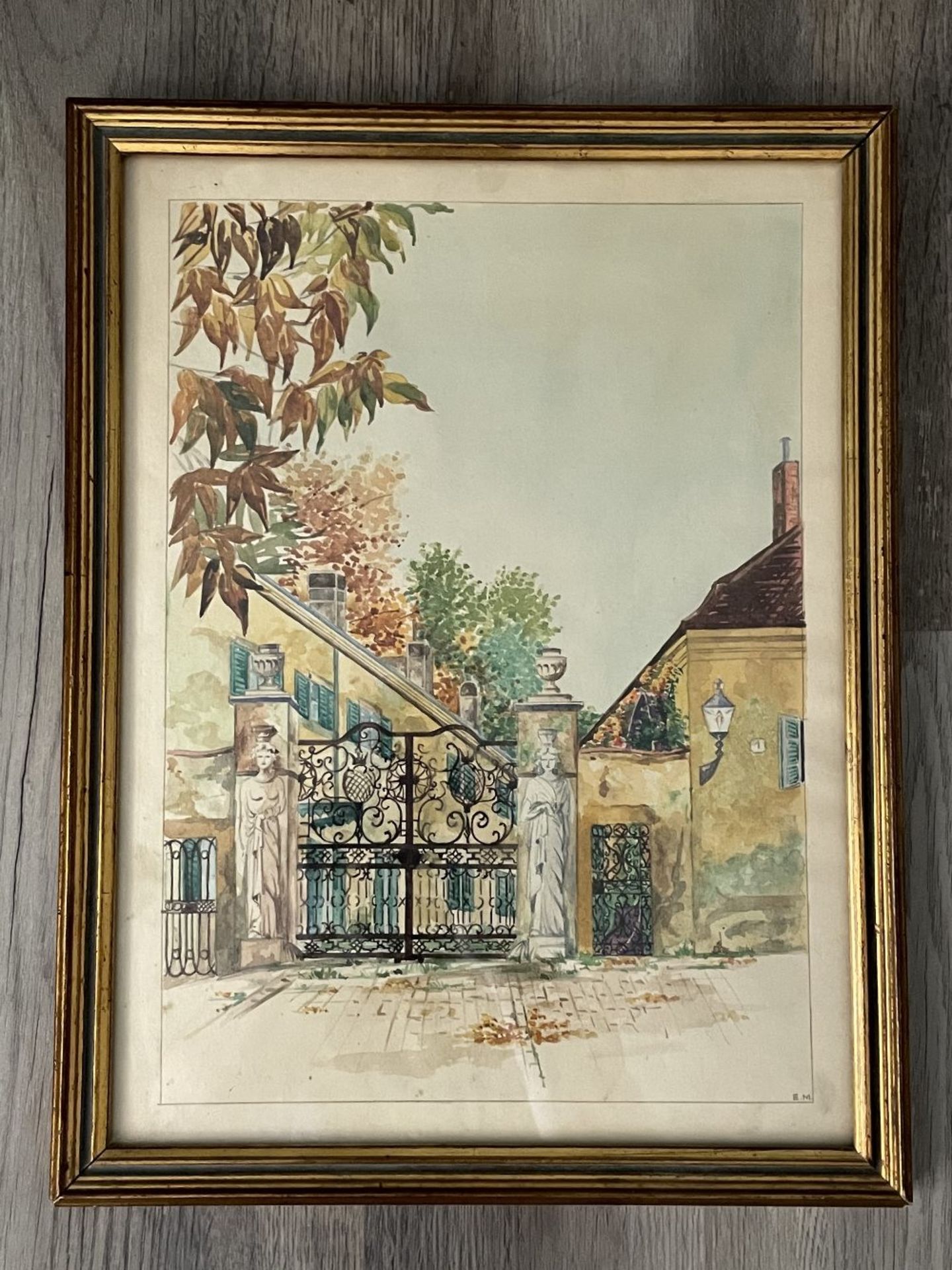 Framed watercolor art (Print or original?), brought over from WW2 Europe, 20x12"