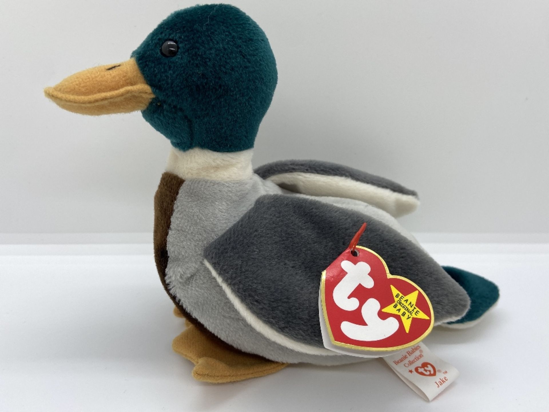 Ty Beanie Babies Jake Mallard Duck, 1998, PE Pellets, In Case w/ Tags WITH TAG ERRORS