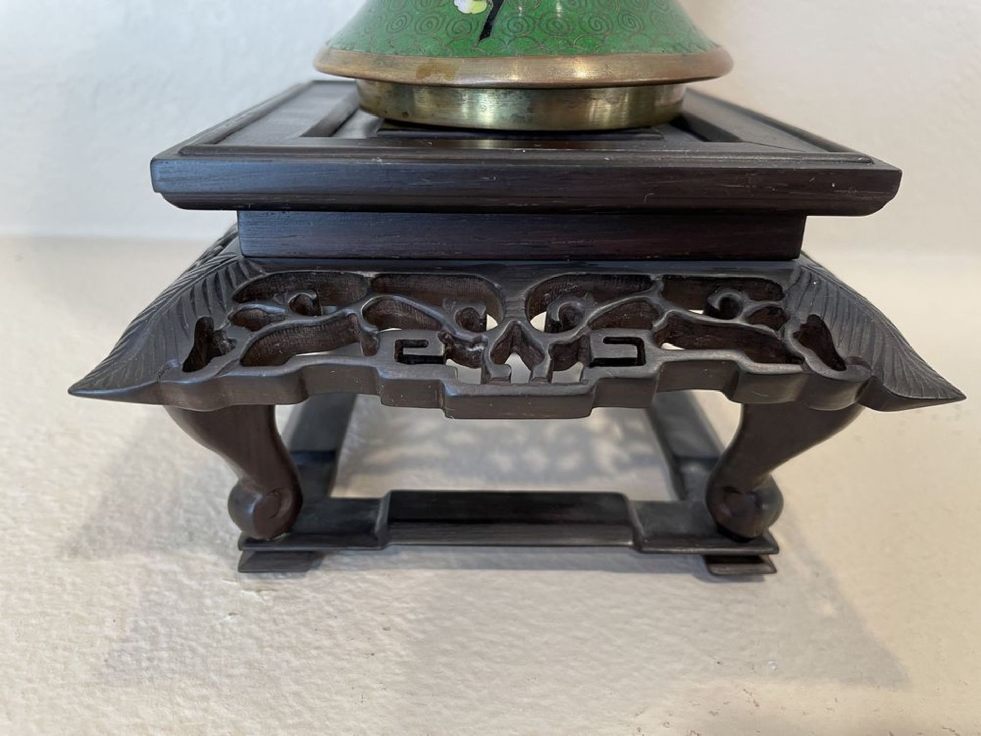 Brass and Enamel Handmade Green Vase with Flowers, On East Asian wood stand - 12.5" x 5.5" - Image 8 of 8