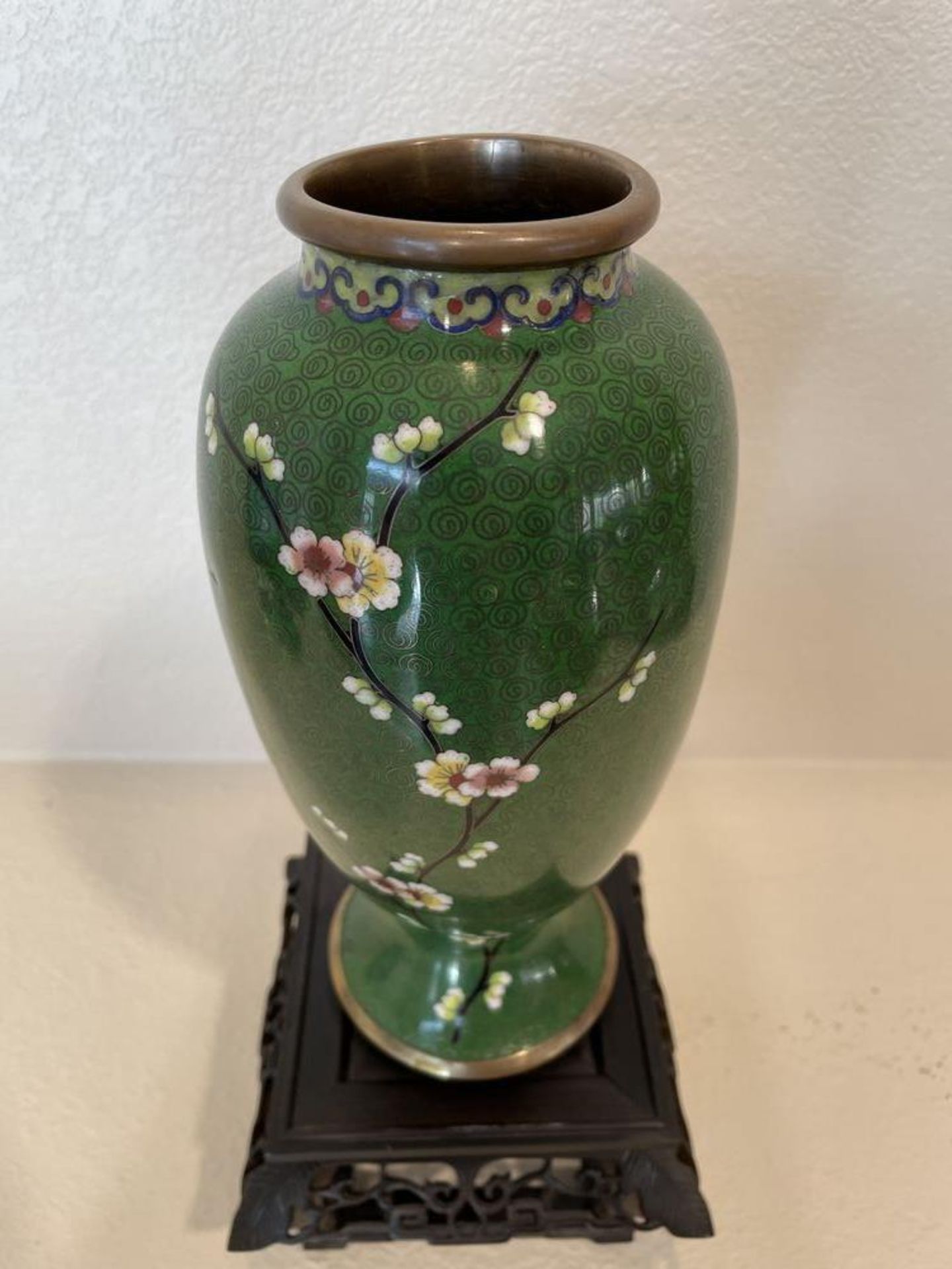 Brass and Enamel Handmade Green Vase with Flowers, On East Asian wood stand - 12.5" x 5.5" - Image 2 of 8