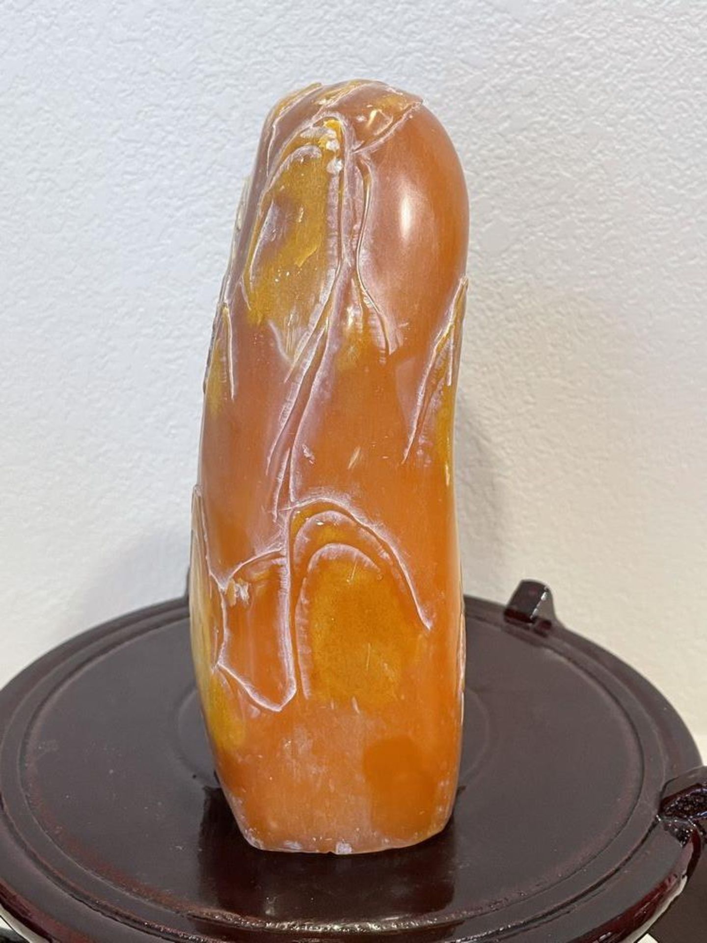 Orange/Amber Color East Asian Stone Sculpture on wood stand, Heavy/Cold Stone - Image 5 of 7