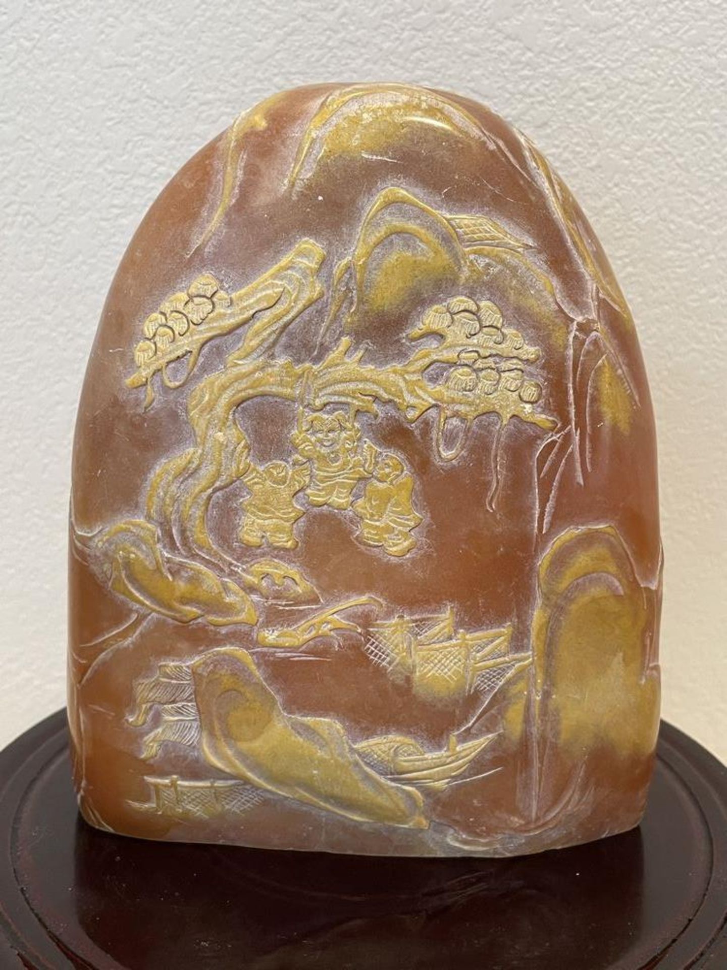 Orange/Amber Color East Asian Stone Sculpture on wood stand, Heavy/Cold Stone - Image 4 of 7