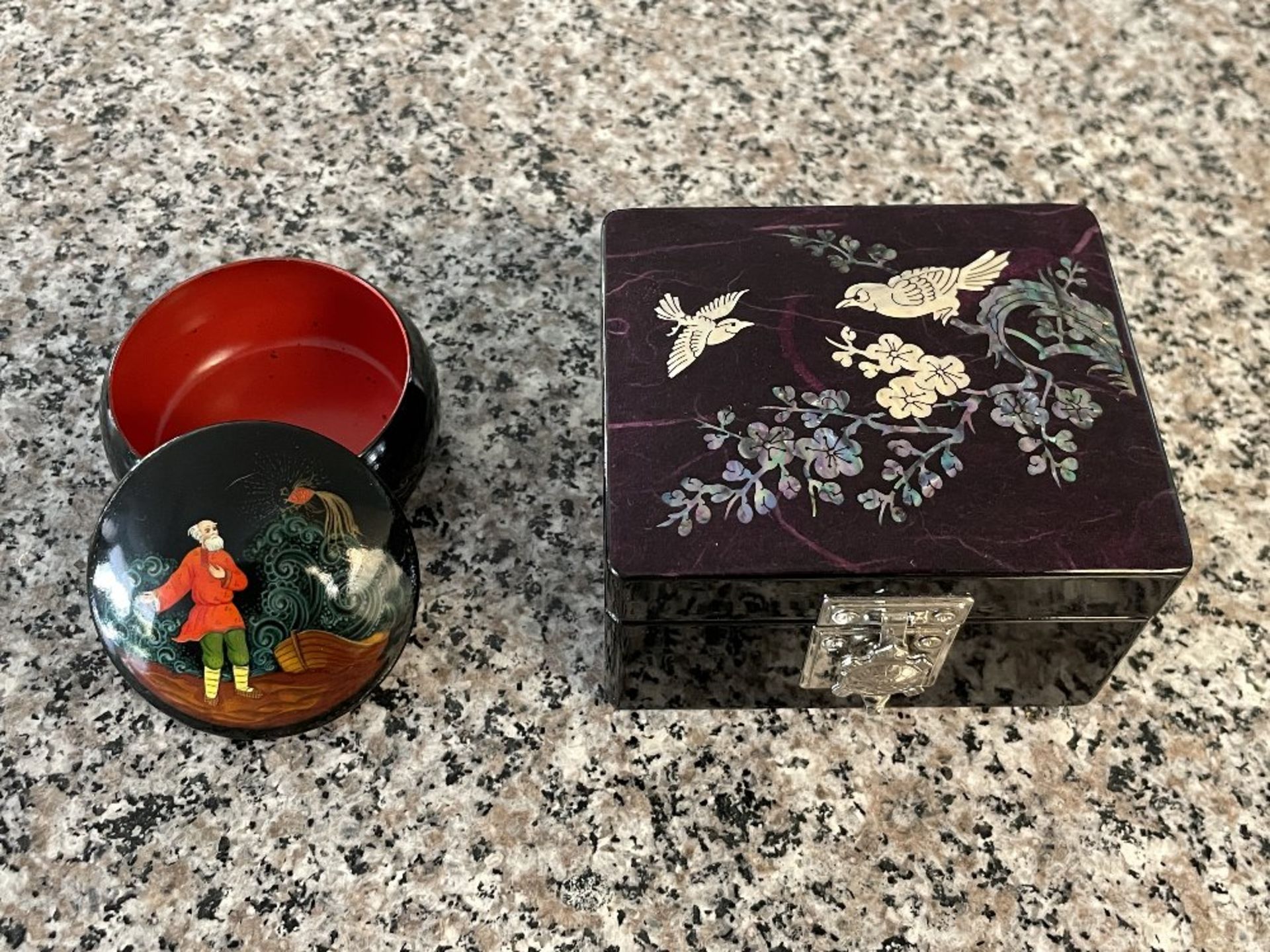 2 East Asian Wood Jewelry Boxes with beautiful inlay design. One says made in USSR.
